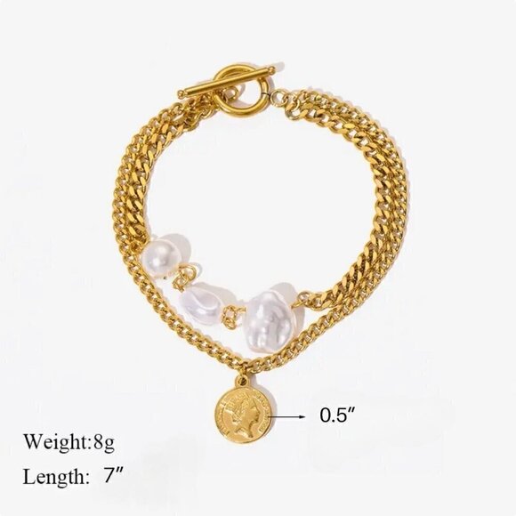 NWT 14K Gold Plated Two Strands Coin Charm Pearl Bracelet 7” - Picture 8 of 13